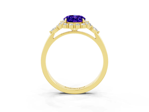 Yellow gold Oval Cut Tanzanite Halo Ring with Pear Side Stones and Prong Setting
