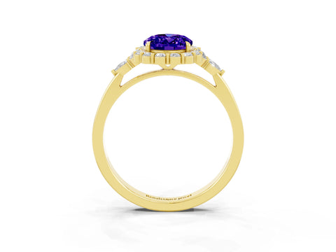 Yellow gold Oval Cut Tanzanite Halo Ring with Pear Side Stones and Prong Setting_15
