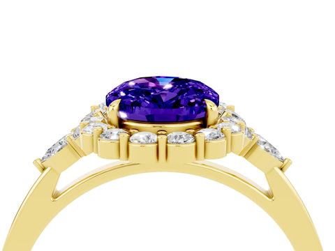 Yellow gold Oval Cut Tanzanite Halo Ring with Pear Side Stones and Prong Setting_16