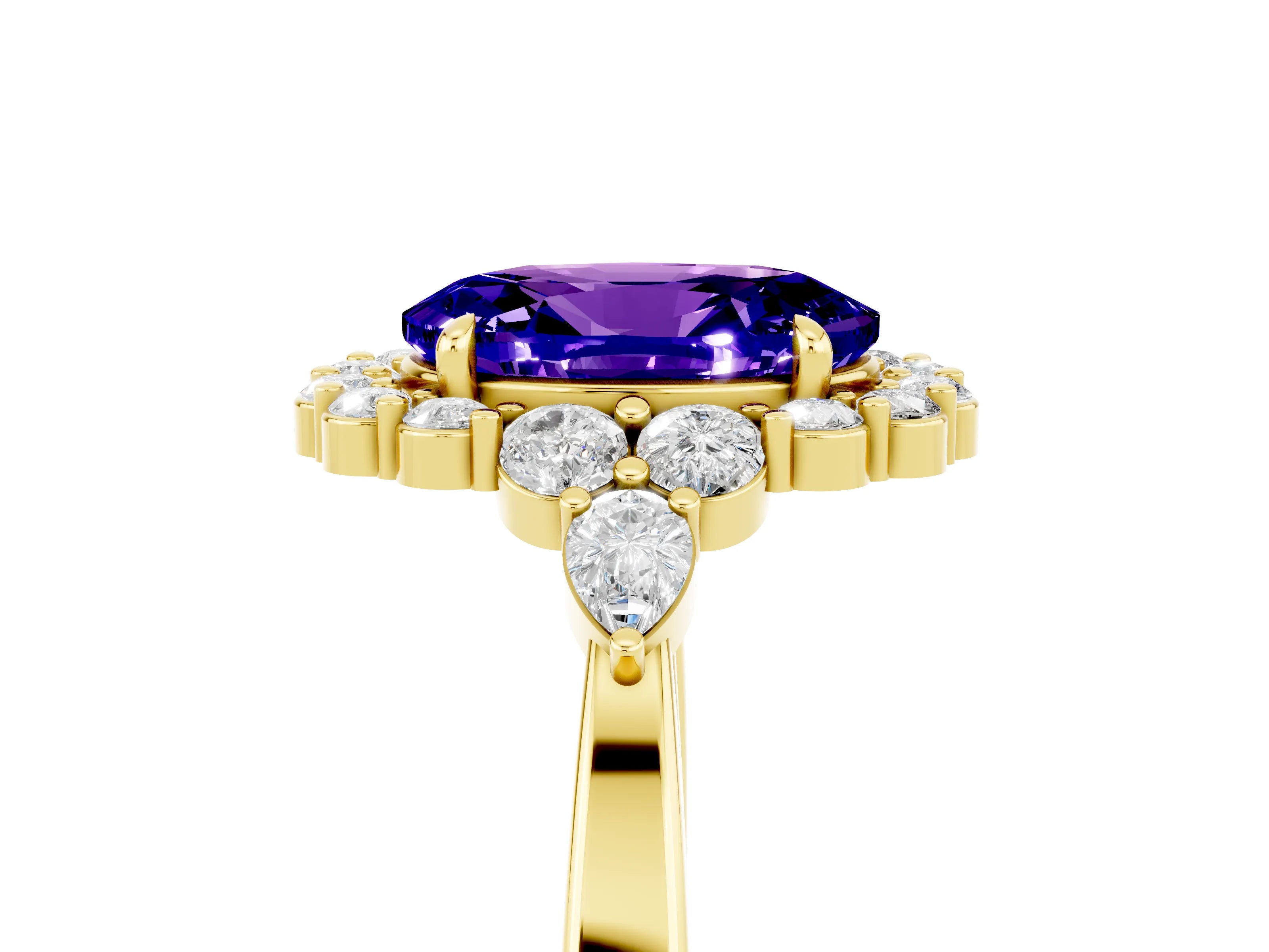 Yellow gold Oval Cut Tanzanite Halo Ring with Pear Side Stones and Prong Setting_17