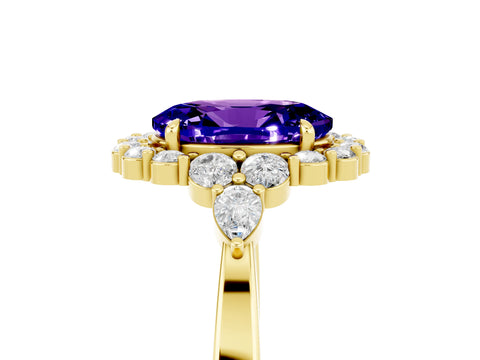 Yellow gold Oval Cut Tanzanite Halo Ring with Pear Side Stones and Prong Setting_17