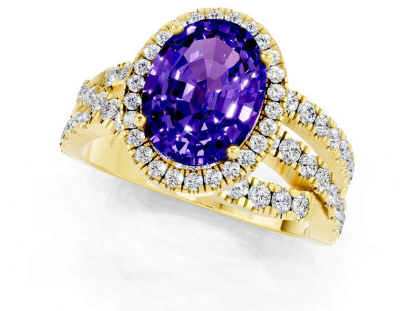 Yellow gold Oval Cut Tanzanite Halo Ring with Round Split Shank and Prong Setting