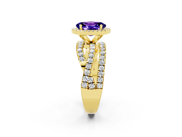 Yellow gold Oval Cut Tanzanite Halo Ring with Round Split Shank and Prong Setting