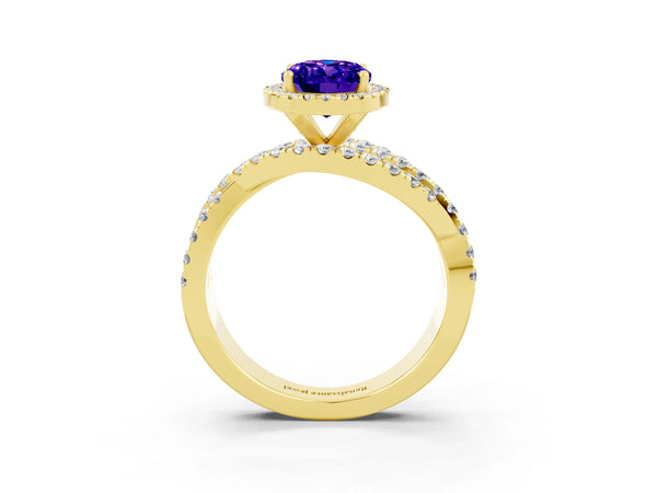 Yellow gold Oval Cut Tanzanite Halo Ring with Round Split Shank and Prong Setting