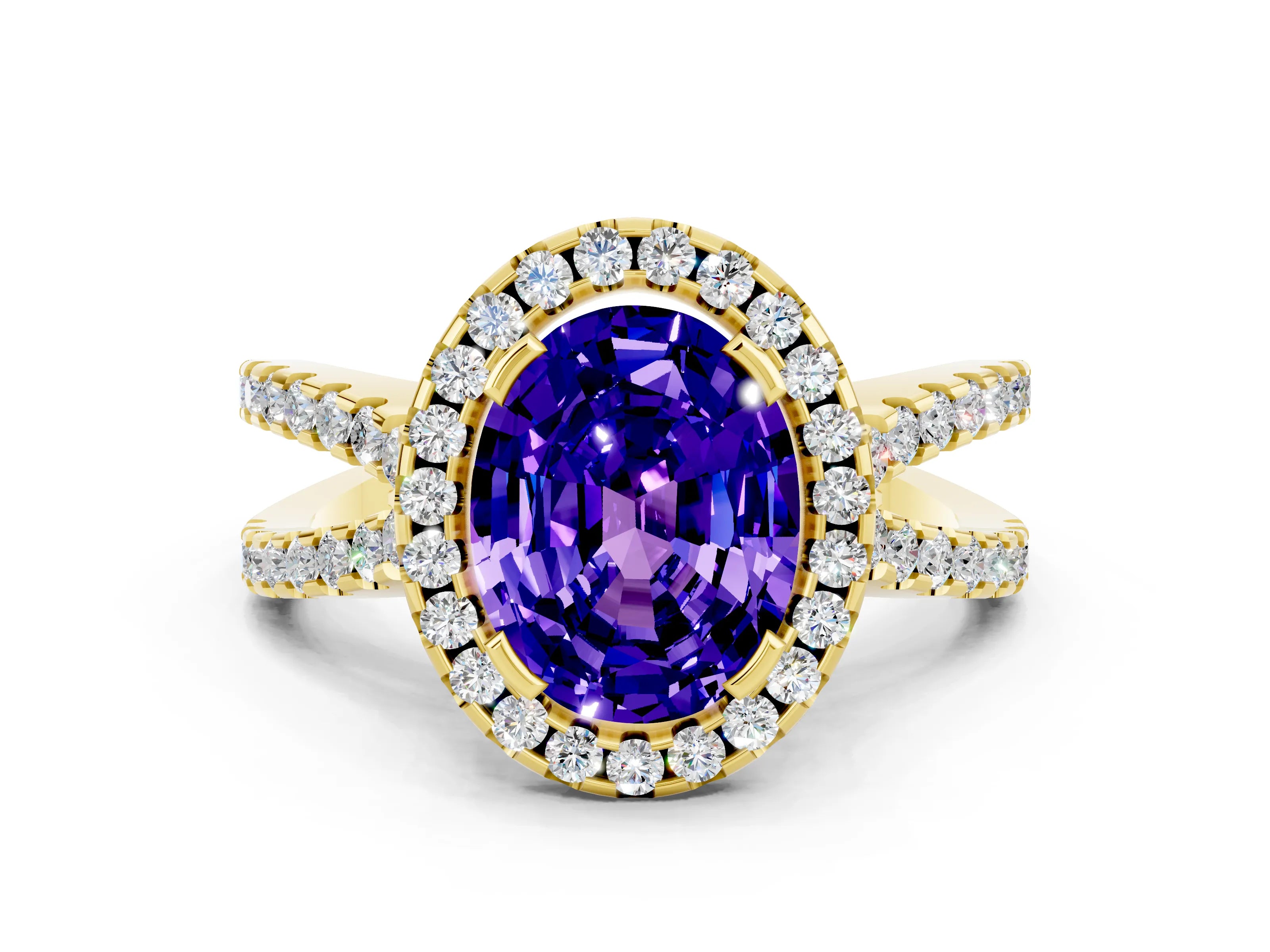 Yellow gold Oval Cut Tanzanite Halo Ring with Split Shank Pavé Band and Prong Setting
