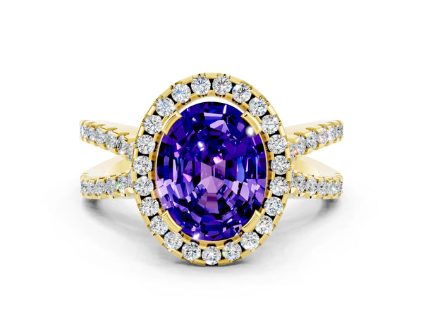 Yellow gold Oval Cut Tanzanite Halo Ring with Split Shank Pavé Band and Prong Setting