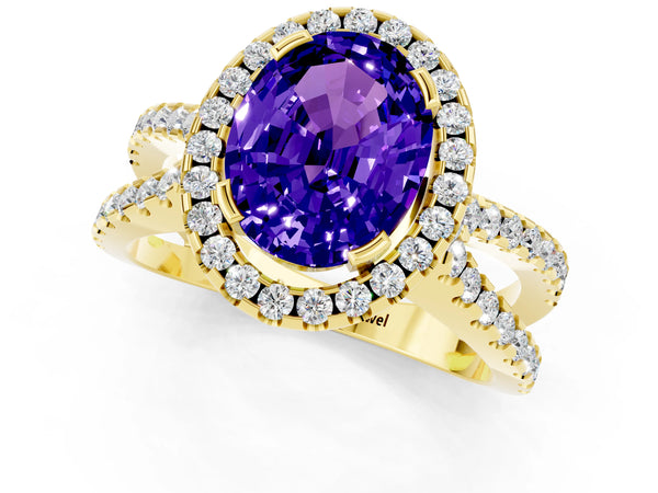Yellow gold Oval Cut Tanzanite Halo Ring with Split Shank Pavé Band and Prong Setting