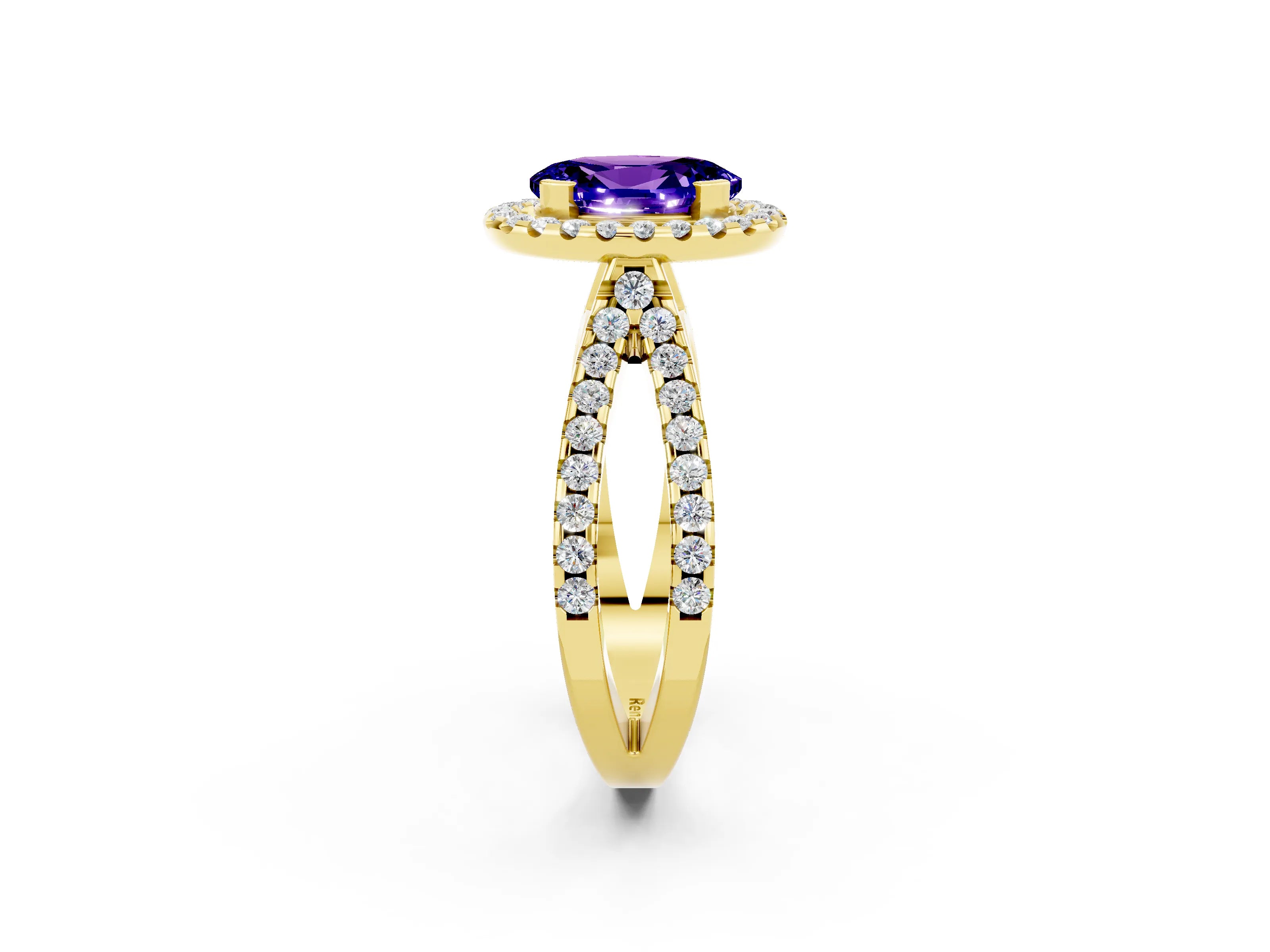 Yellow gold Oval Cut Tanzanite Halo Ring with Split Shank Pavé Band and Prong Setting_2