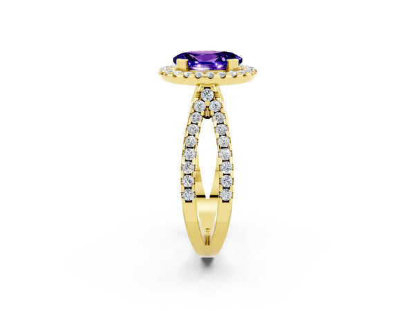 Yellow gold Oval Cut Tanzanite Halo Ring with Split Shank Pavé Band and Prong Setting
