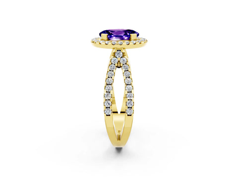 Yellow gold Oval Cut Tanzanite Halo Ring with Split Shank Pavé Band and Prong Setting_2