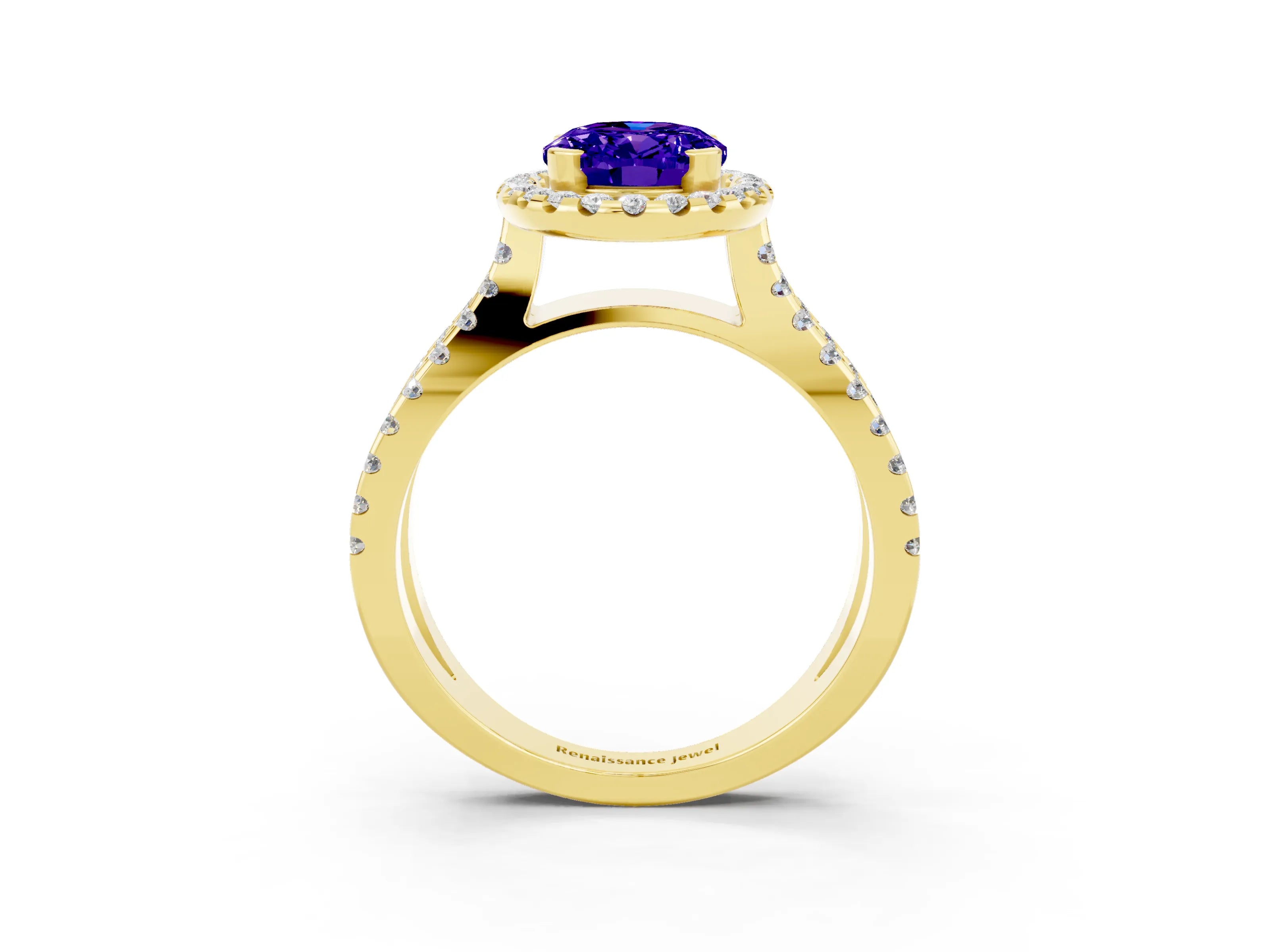 Yellow gold Oval Cut Tanzanite Halo Ring with Split Shank Pavé Band and Prong Setting_3