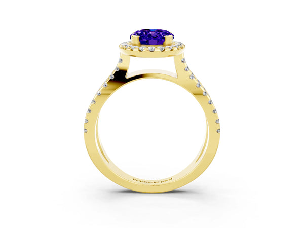 Yellow gold Oval Cut Tanzanite Halo Ring with Split Shank Pavé Band and Prong Setting