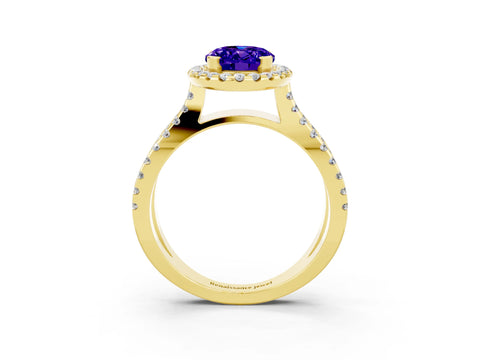 Yellow gold Oval Cut Tanzanite Halo Ring with Split Shank Pavé Band and Prong Setting_3