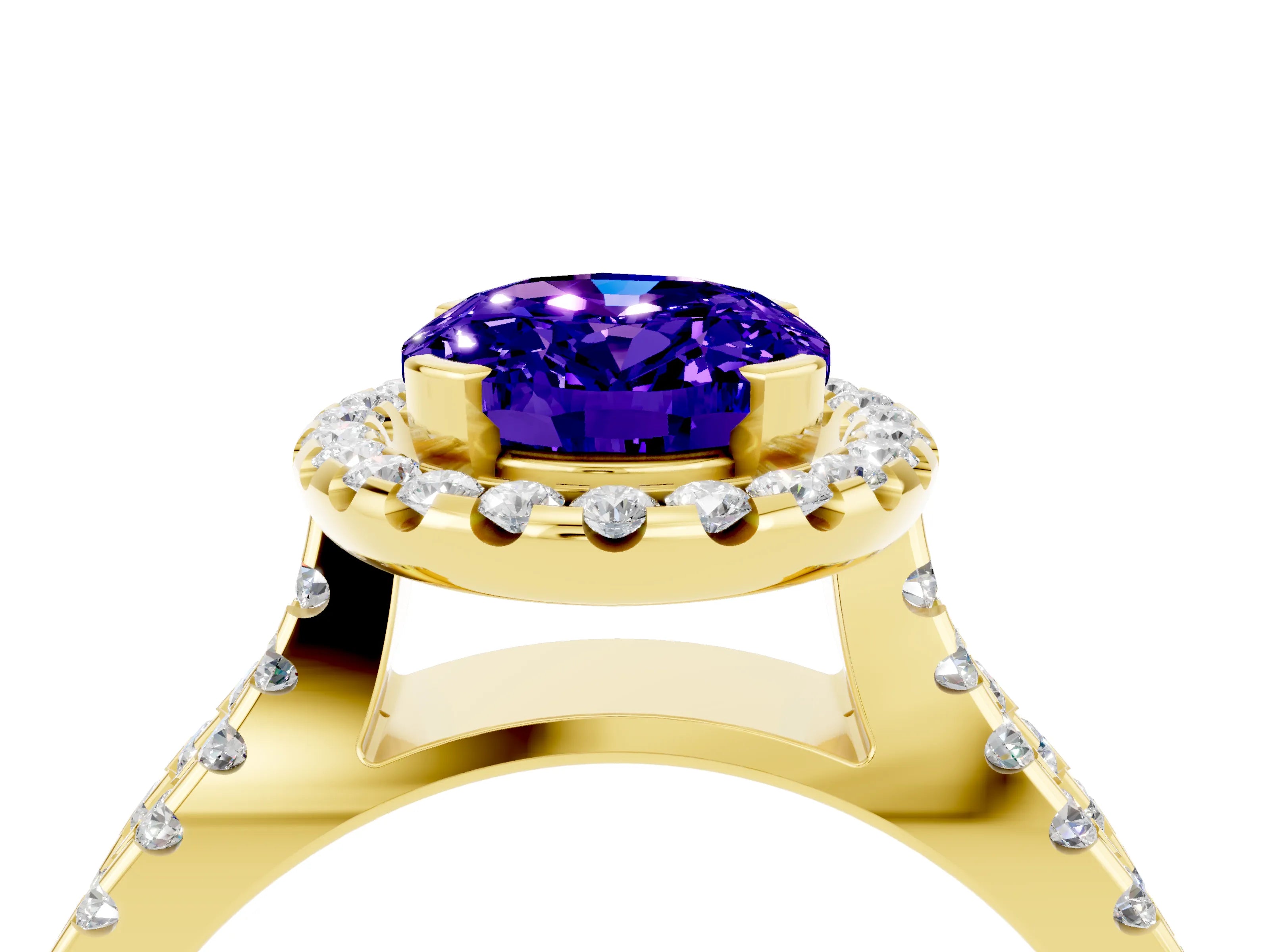 Yellow gold Oval Cut Tanzanite Halo Ring with Split Shank Pavé Band and Prong Setting_4