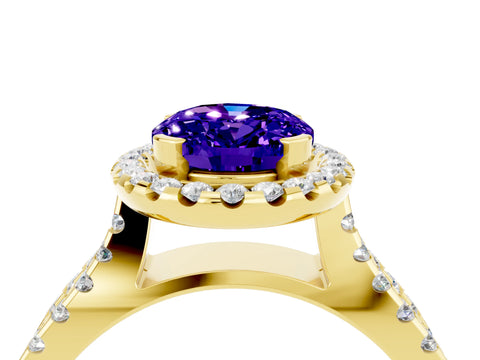 Yellow gold Oval Cut Tanzanite Halo Ring with Split Shank Pavé Band and Prong Setting_4