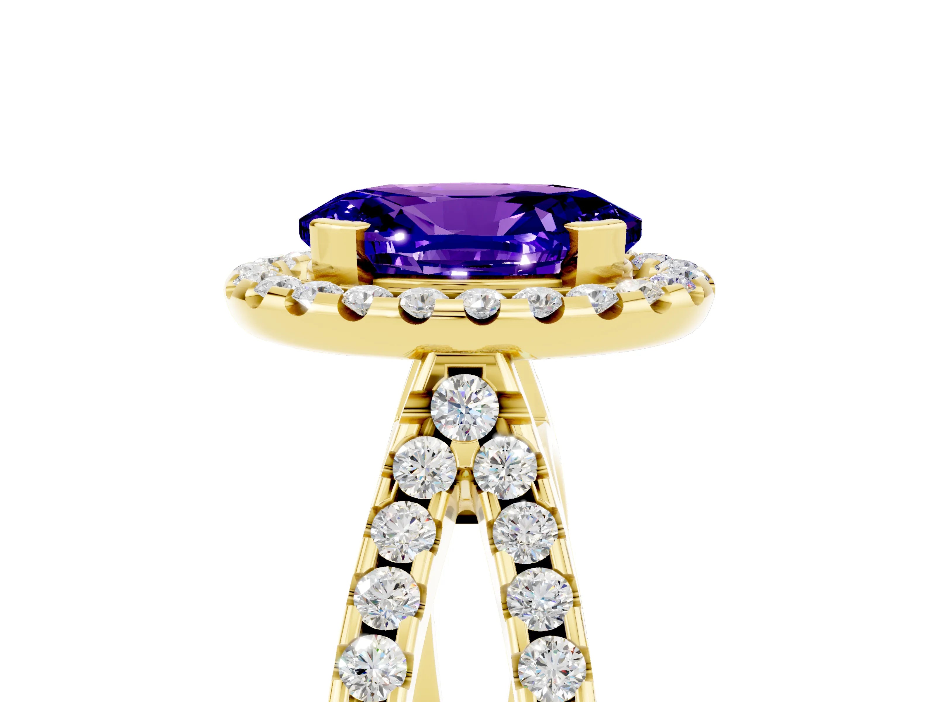 Yellow gold Oval Cut Tanzanite Halo Ring with Split Shank Pavé Band and Prong Setting_5