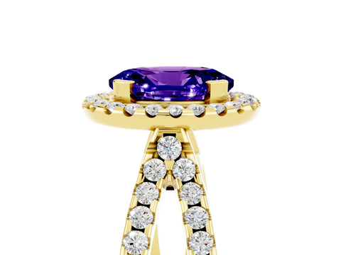 Yellow gold Oval Cut Tanzanite Halo Ring with Split Shank Pavé Band and Prong Setting_5