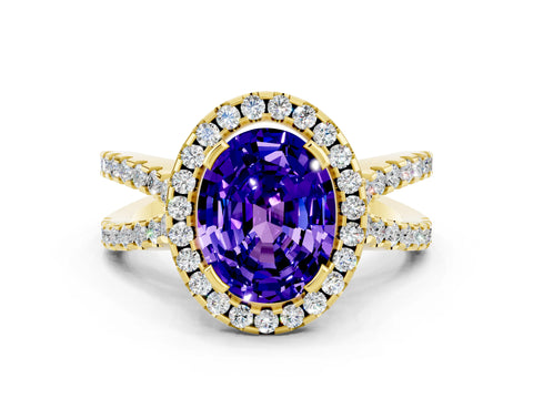 Yellow gold Oval Cut Tanzanite Halo Ring with Split Shank Pavé Band and Prong Setting