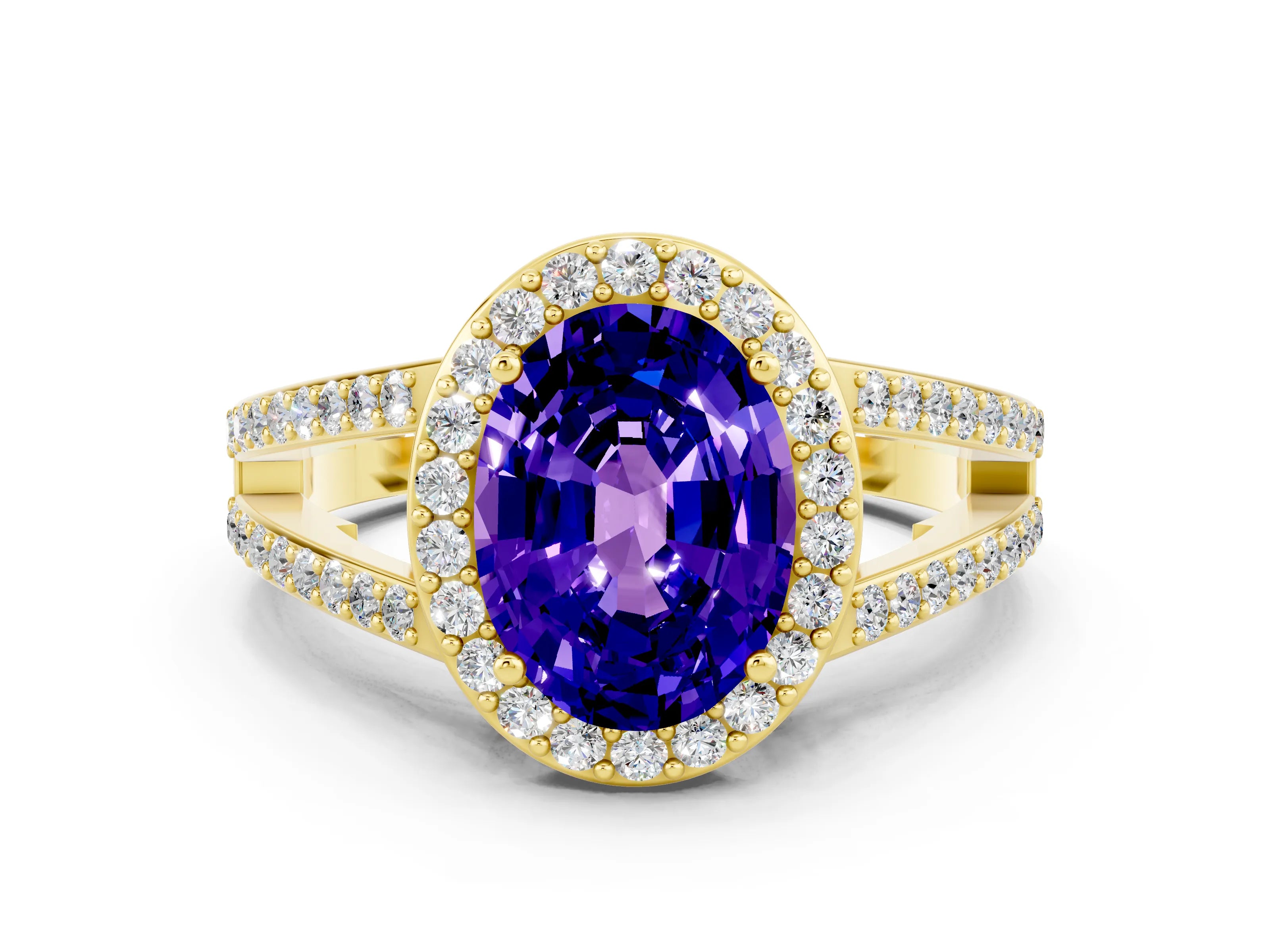 Yellow gold Oval Cut Tanzanite Halo Ring with Split Shank U-Prong Band and Four-Prong Setting