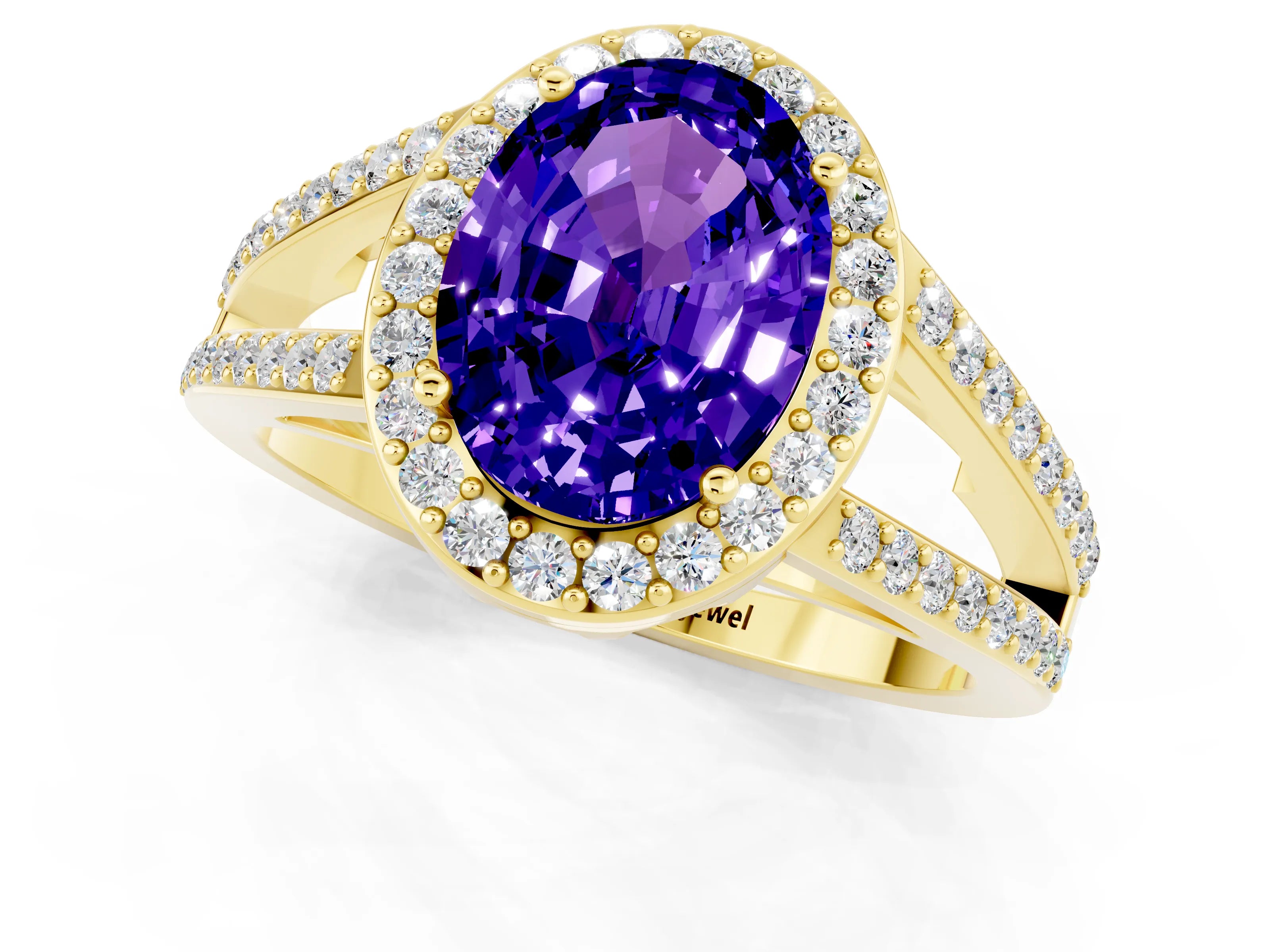 Yellow gold Oval Cut Tanzanite Halo Ring with Split Shank U-Prong Band and Four-Prong Setting_1