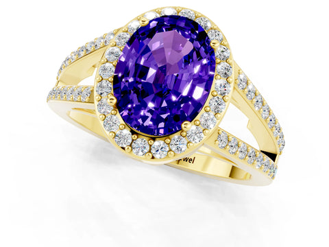 Yellow gold Oval Cut Tanzanite Halo Ring with Split Shank U-Prong Band and Four-Prong Setting_1