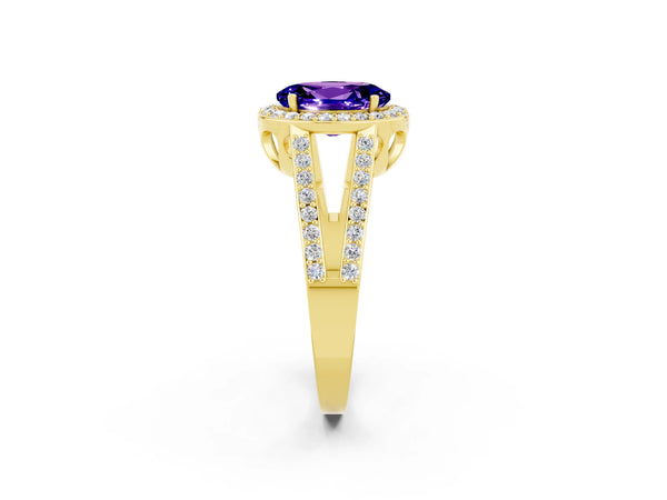 Yellow gold Oval Cut Tanzanite Halo Ring with Split Shank U-Prong Band and Four-Prong Setting