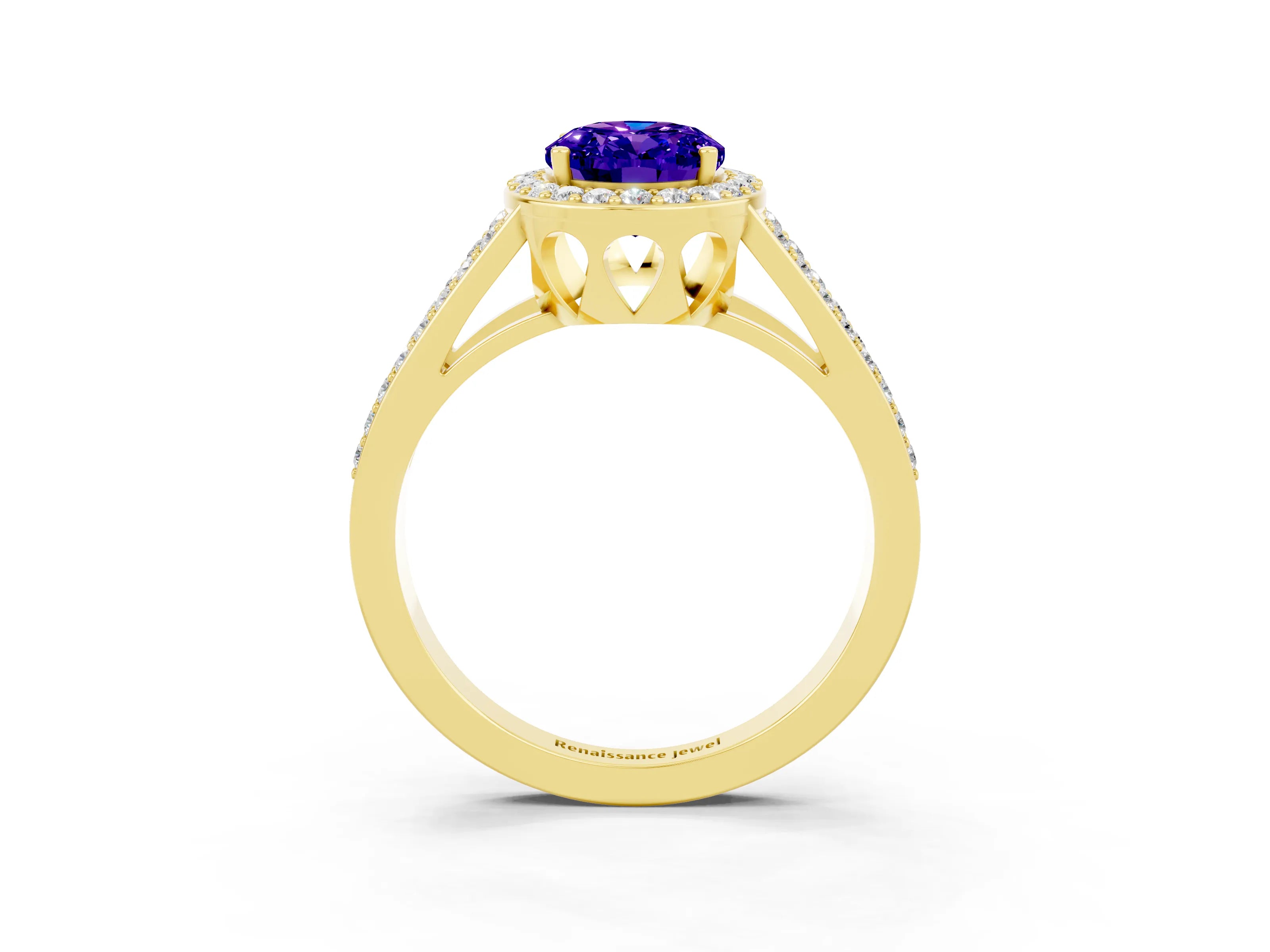 Yellow gold Oval Cut Tanzanite Halo Ring with Split Shank U-Prong Band and Four-Prong Setting_3