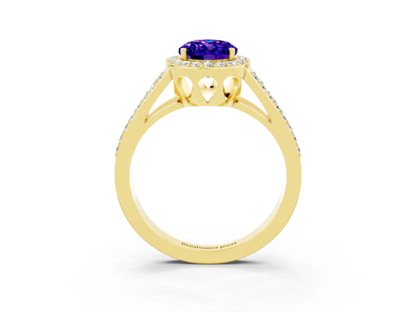 Yellow gold Oval Cut Tanzanite Halo Ring with Split Shank U-Prong Band and Four-Prong Setting