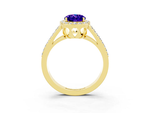 Yellow gold Oval Cut Tanzanite Halo Ring with Split Shank U-Prong Band and Four-Prong Setting_3