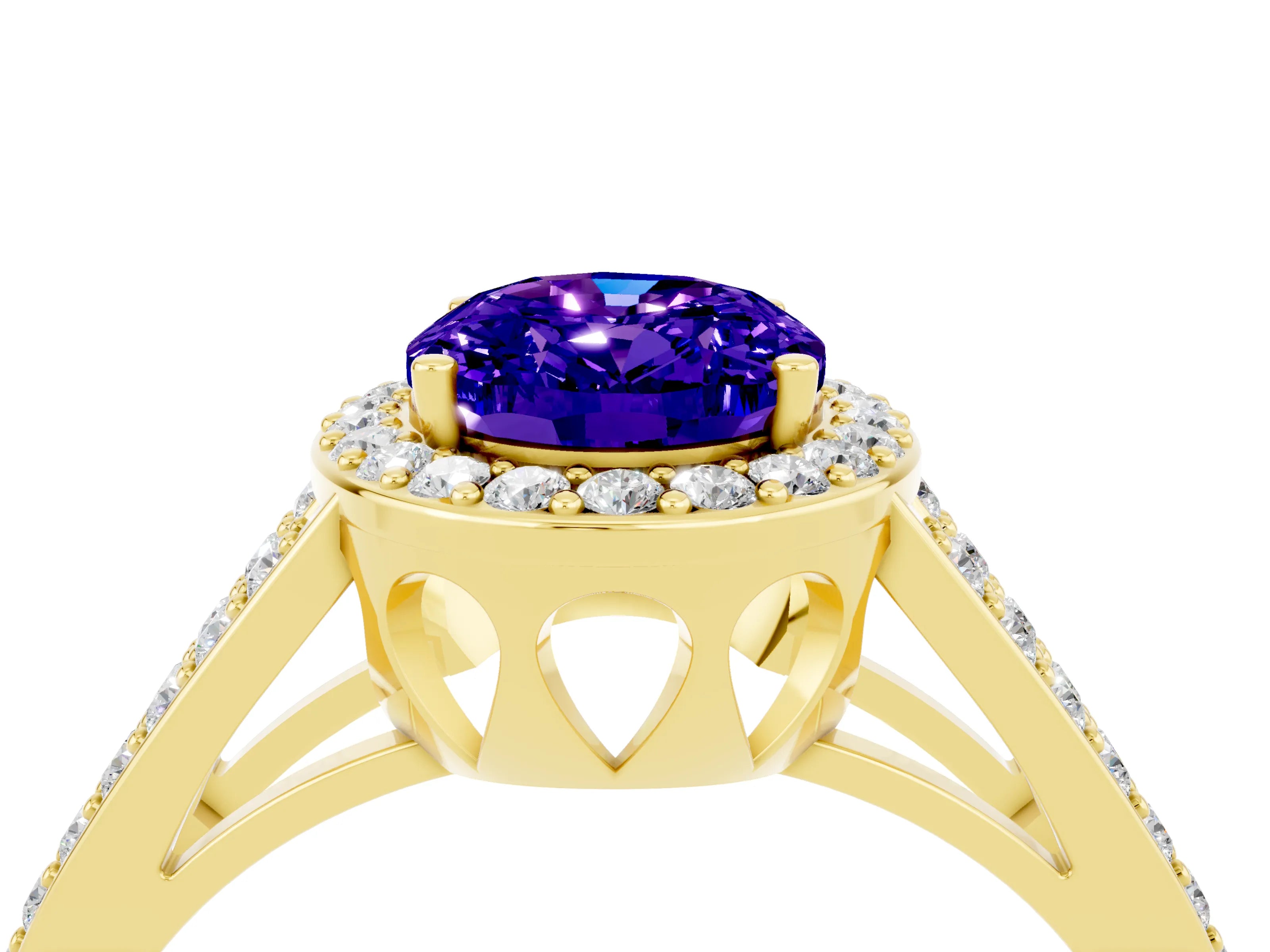 Yellow gold Oval Cut Tanzanite Halo Ring with Split Shank U-Prong Band and Four-Prong Setting_4