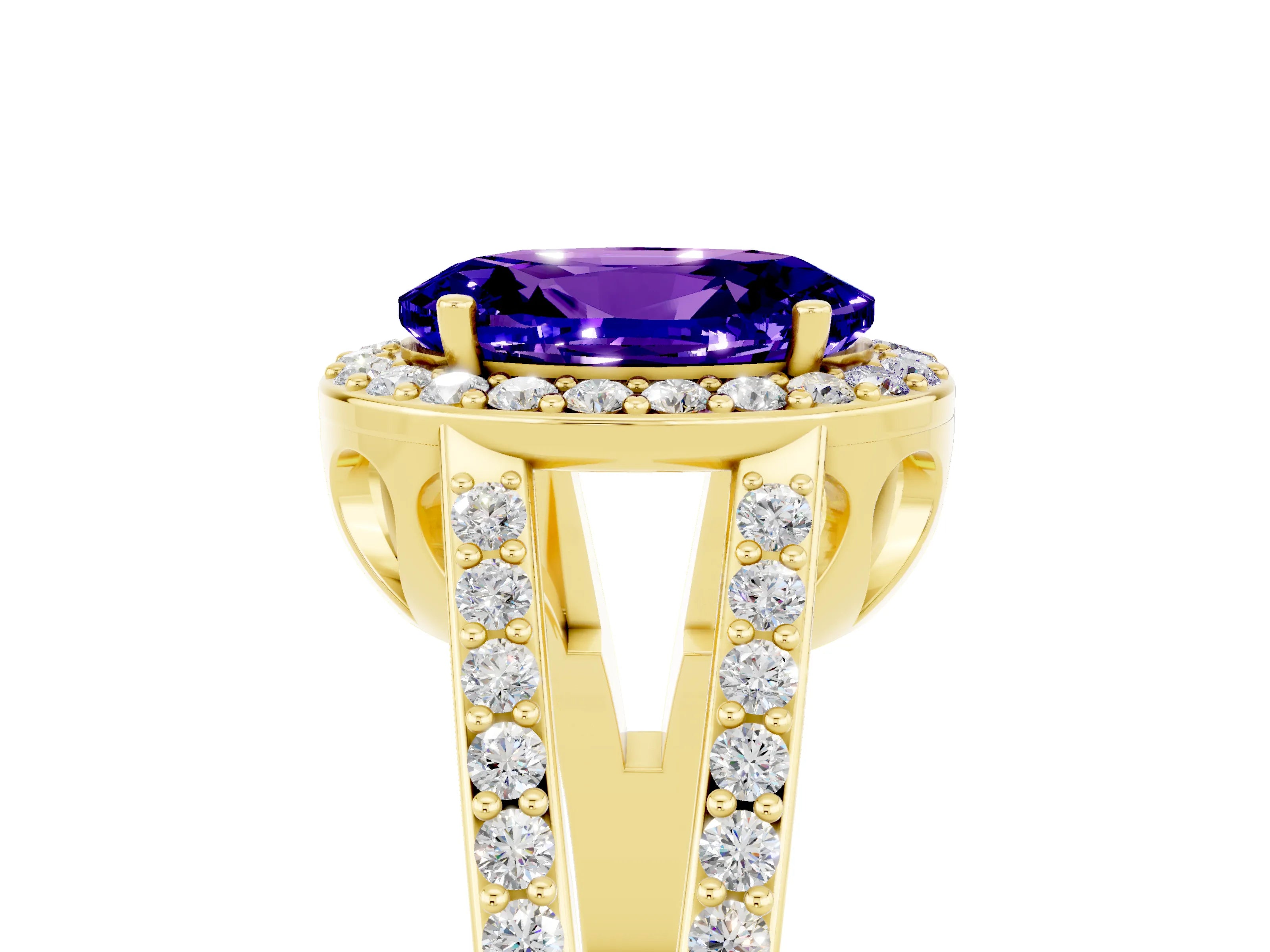 Yellow gold Oval Cut Tanzanite Halo Ring with Split Shank U-Prong Band and Four-Prong Setting_5