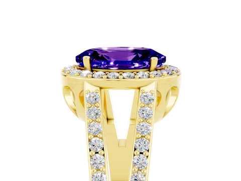 Yellow gold Oval Cut Tanzanite Halo Ring with Split Shank U-Prong Band and Four-Prong Setting_5