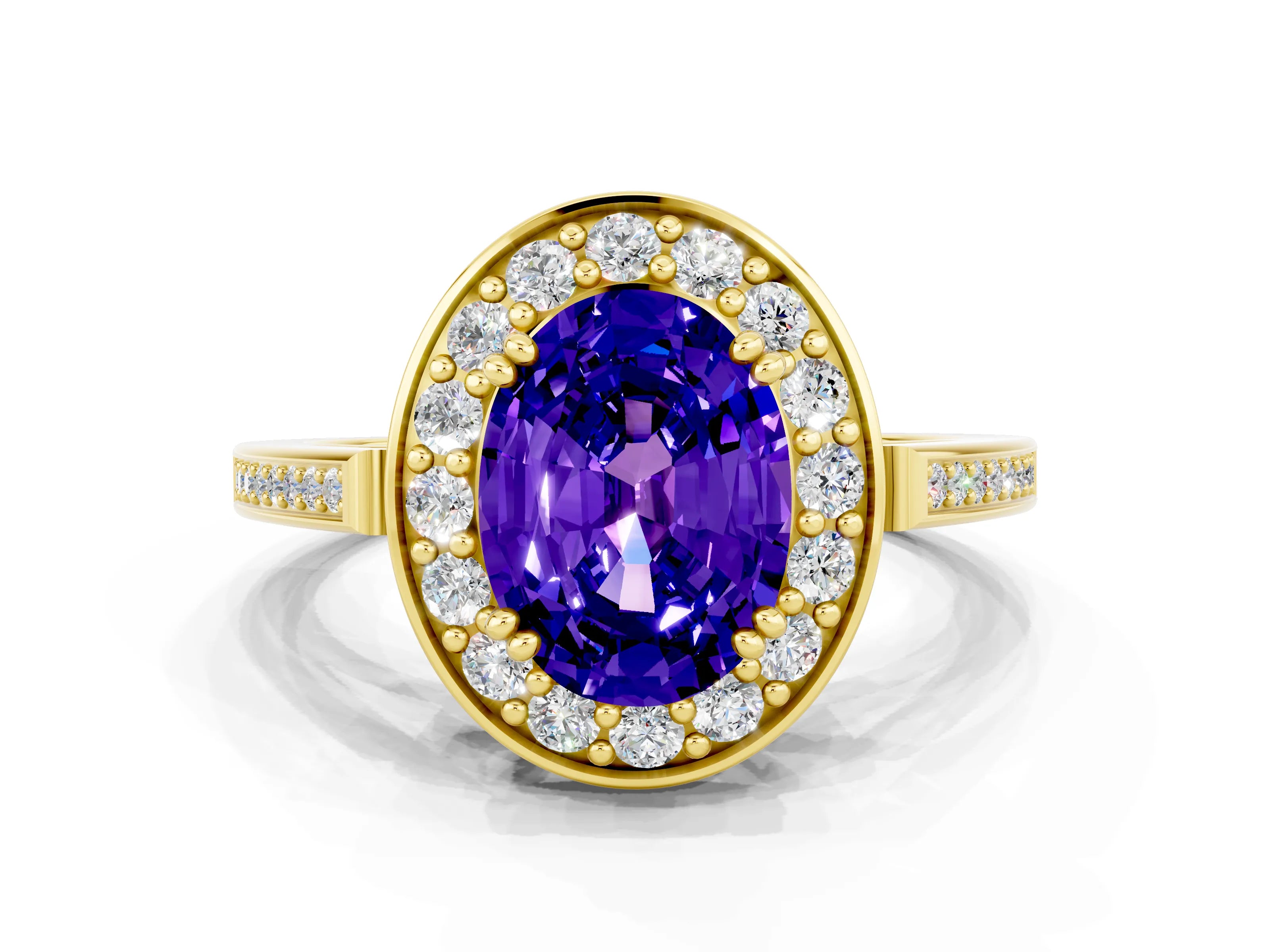 Yellow gold Oval Cut Tanzanite Halo Ring with Split Shank and Four-Prong Setting