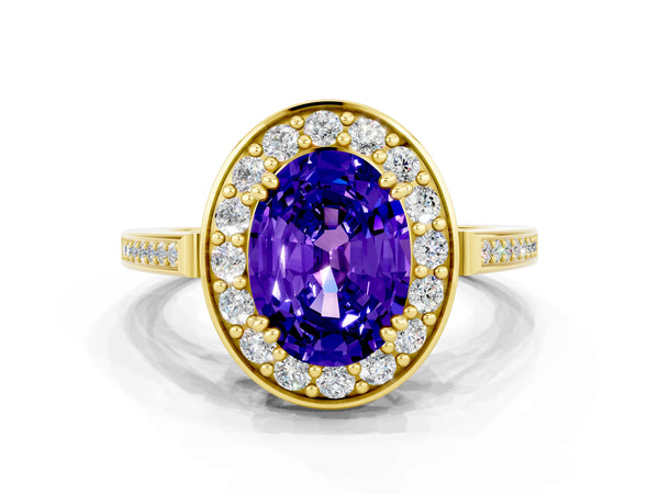 Yellow gold Oval Cut Tanzanite Halo Ring with Split Shank and Four-Prong Setting