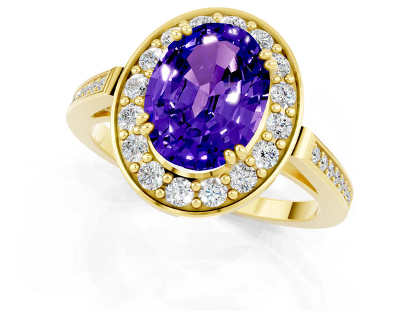 Yellow gold Oval Cut Tanzanite Halo Ring with Split Shank and Four-Prong Setting