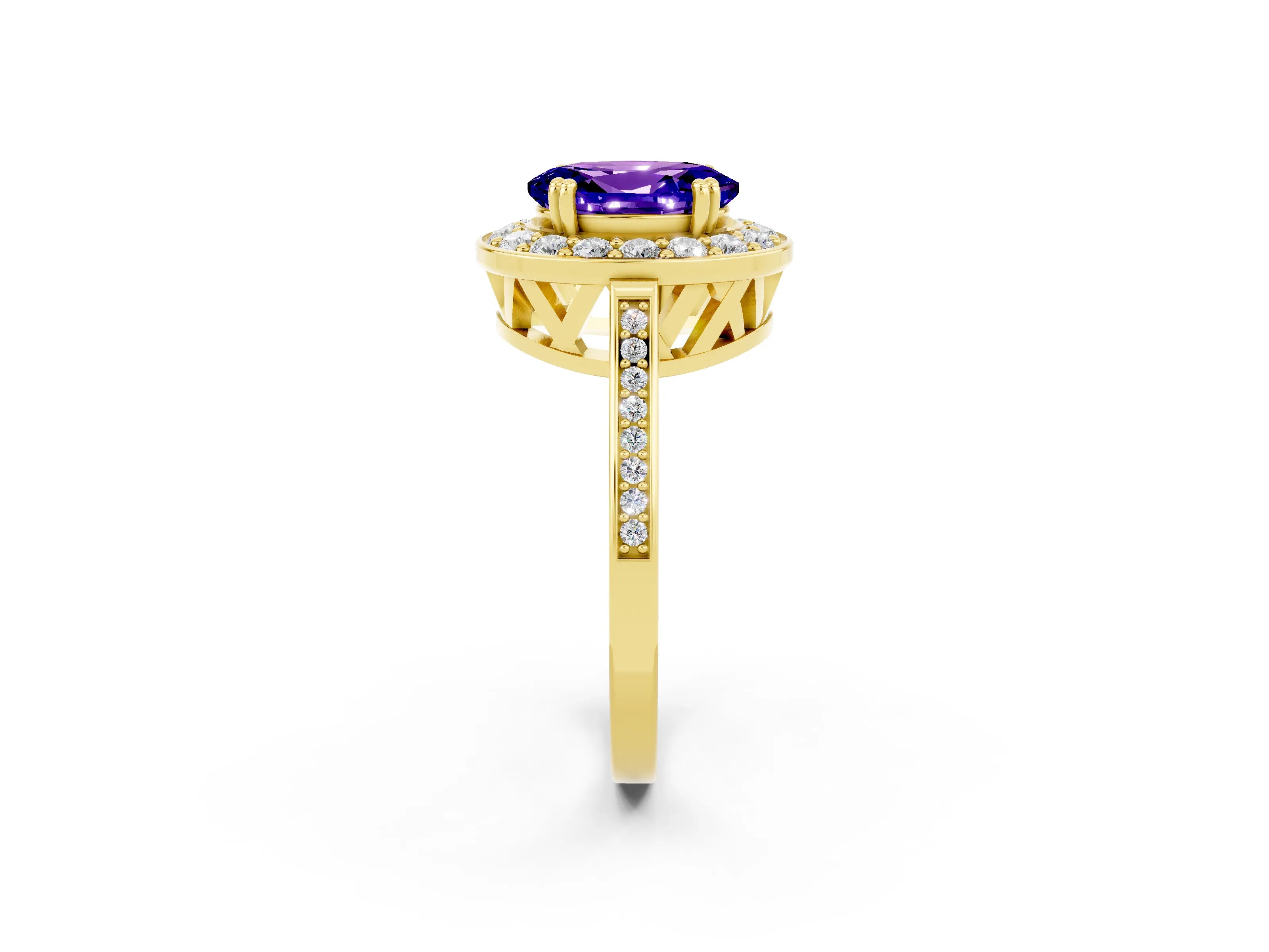 Yellow gold Oval Cut Tanzanite Halo Ring with Split Shank and Four-Prong Setting_2