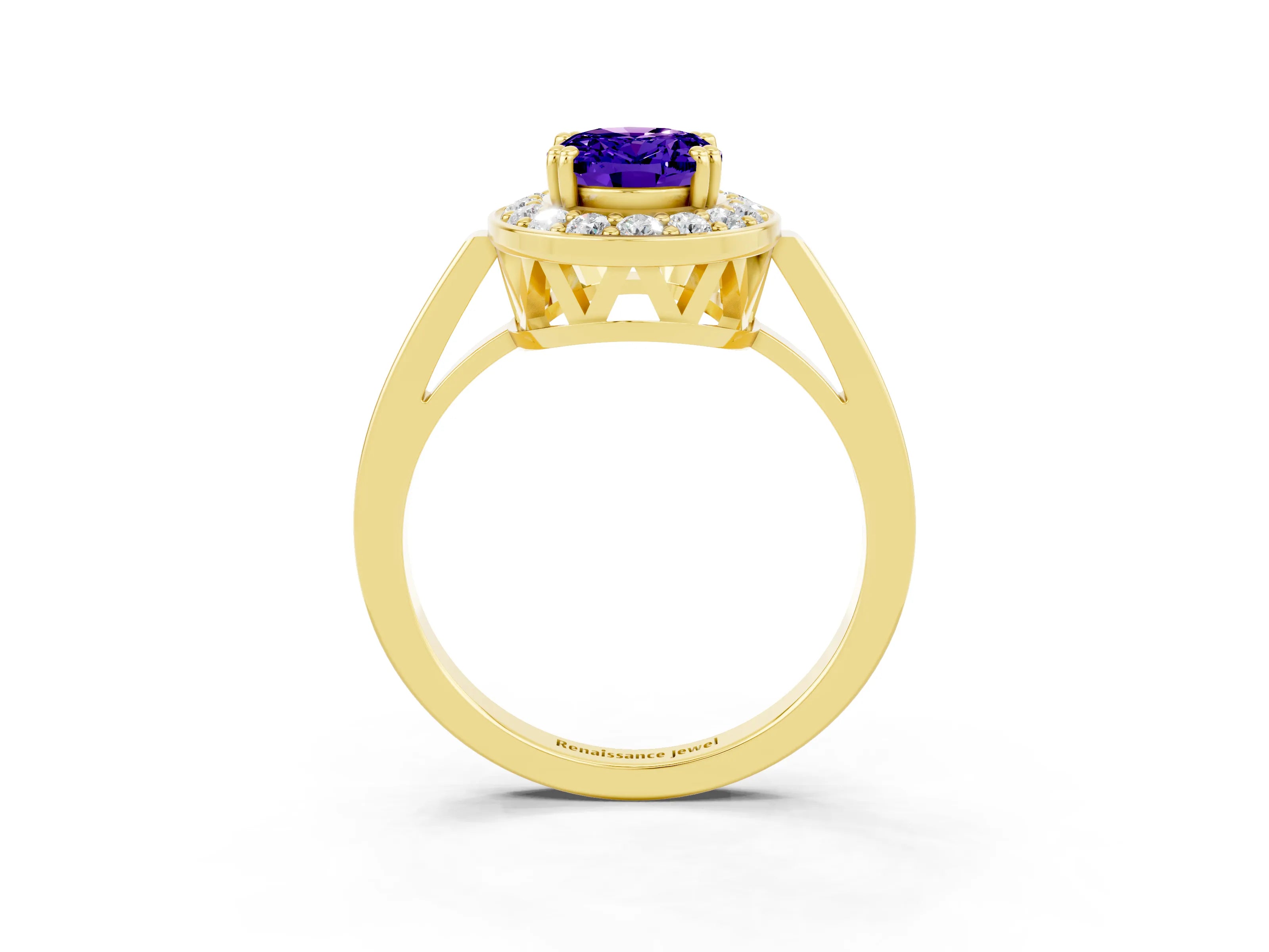 Yellow gold Oval Cut Tanzanite Halo Ring with Split Shank and Four-Prong Setting_3