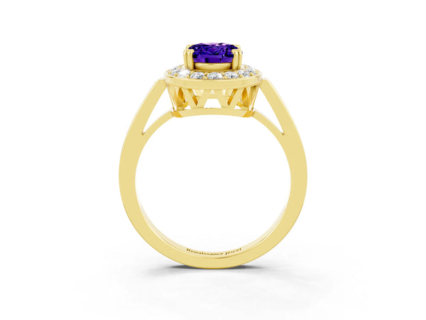 Yellow gold Oval Cut Tanzanite Halo Ring with Split Shank and Four-Prong Setting