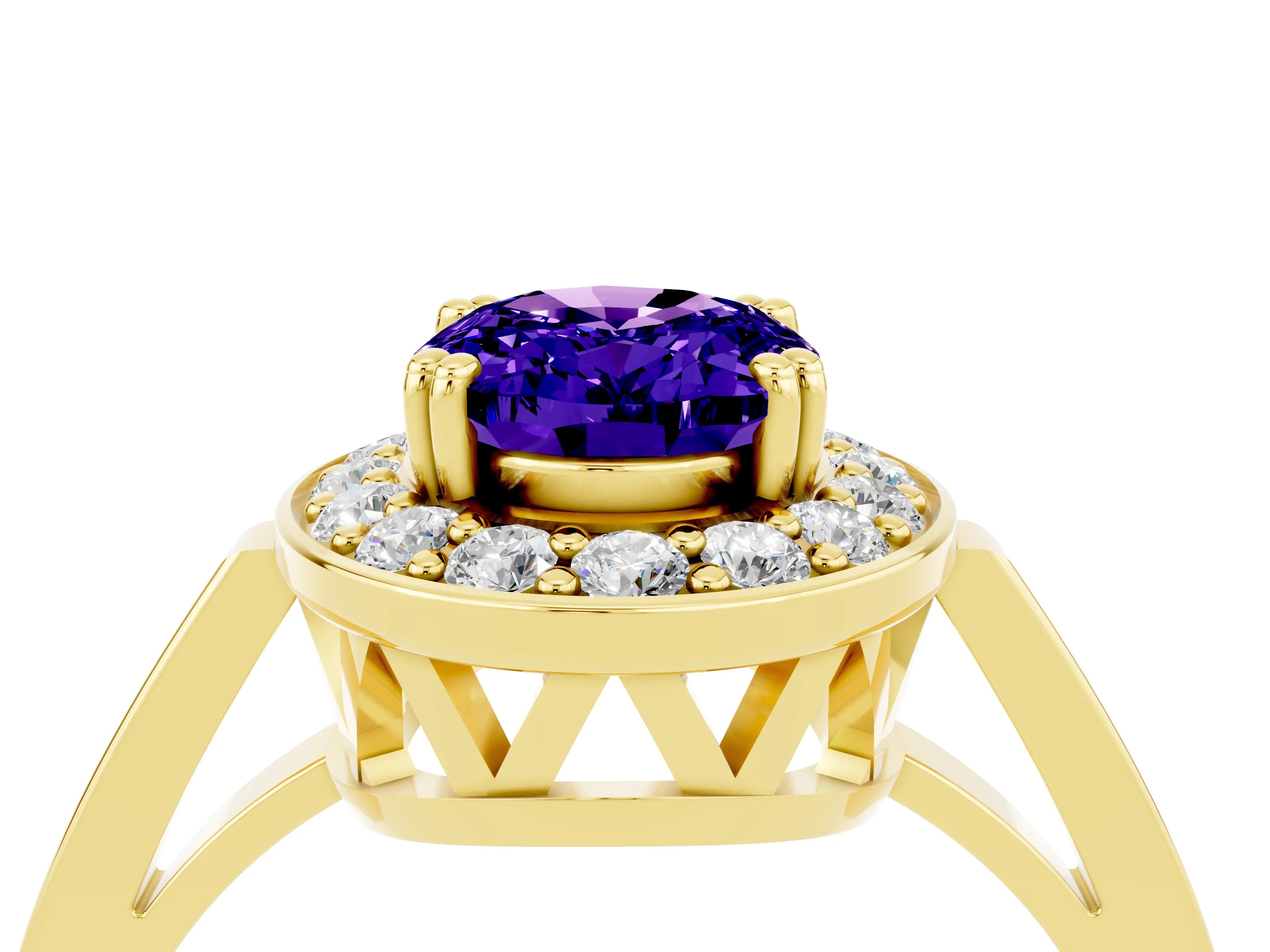 Yellow gold Oval Cut Tanzanite Halo Ring with Split Shank and Four-Prong Setting_4