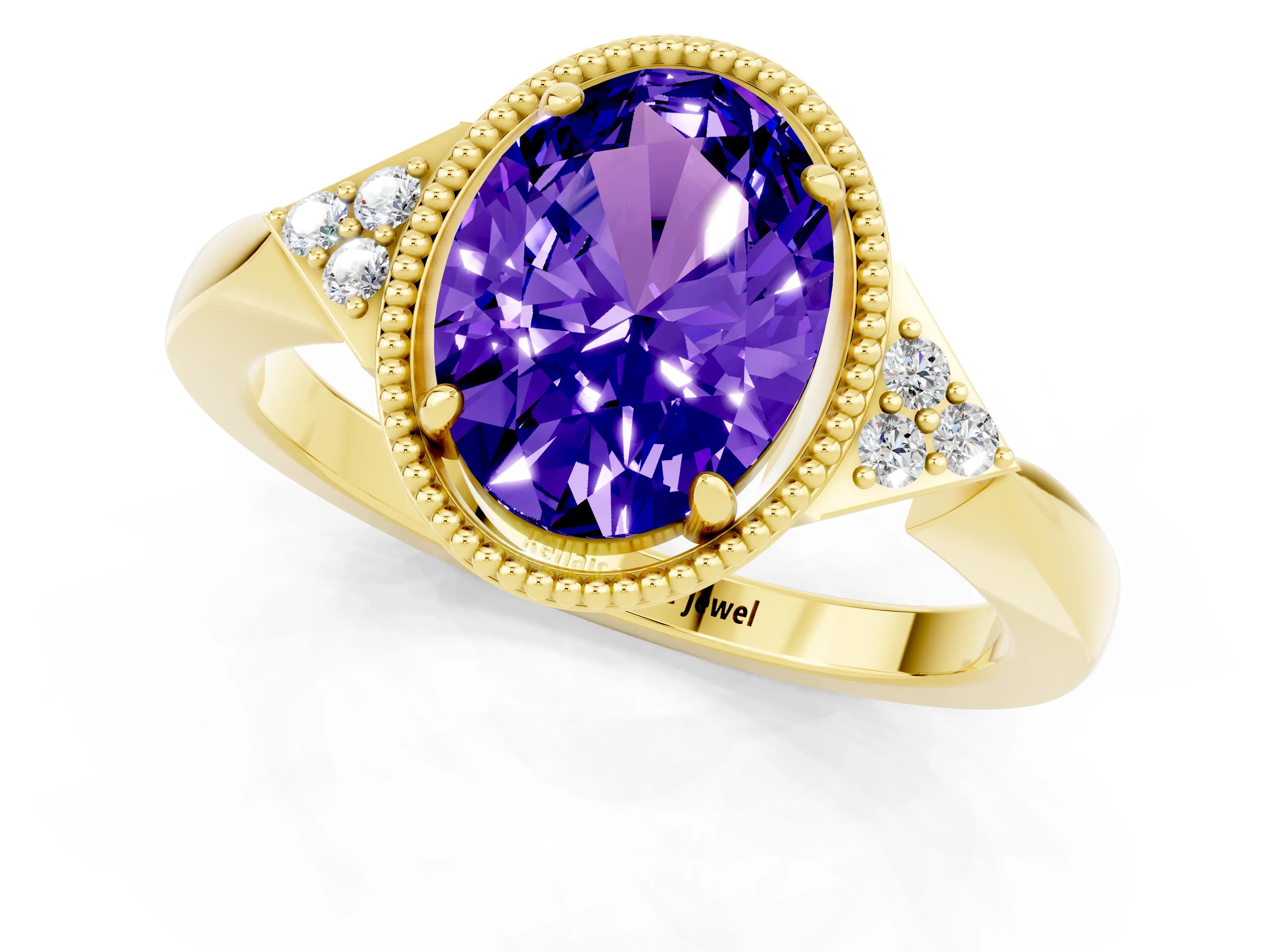 Yellow gold Oval Cut Tanzanite Halo Ring with Tapered Band and Four-Prong Setting_1
