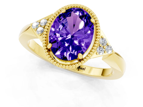 Yellow gold Oval Cut Tanzanite Halo Ring with Tapered Band and Four-Prong Setting_1