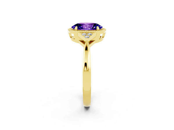 Yellow gold Oval Cut Tanzanite Halo Ring with Tapered Band and Four-Prong Setting