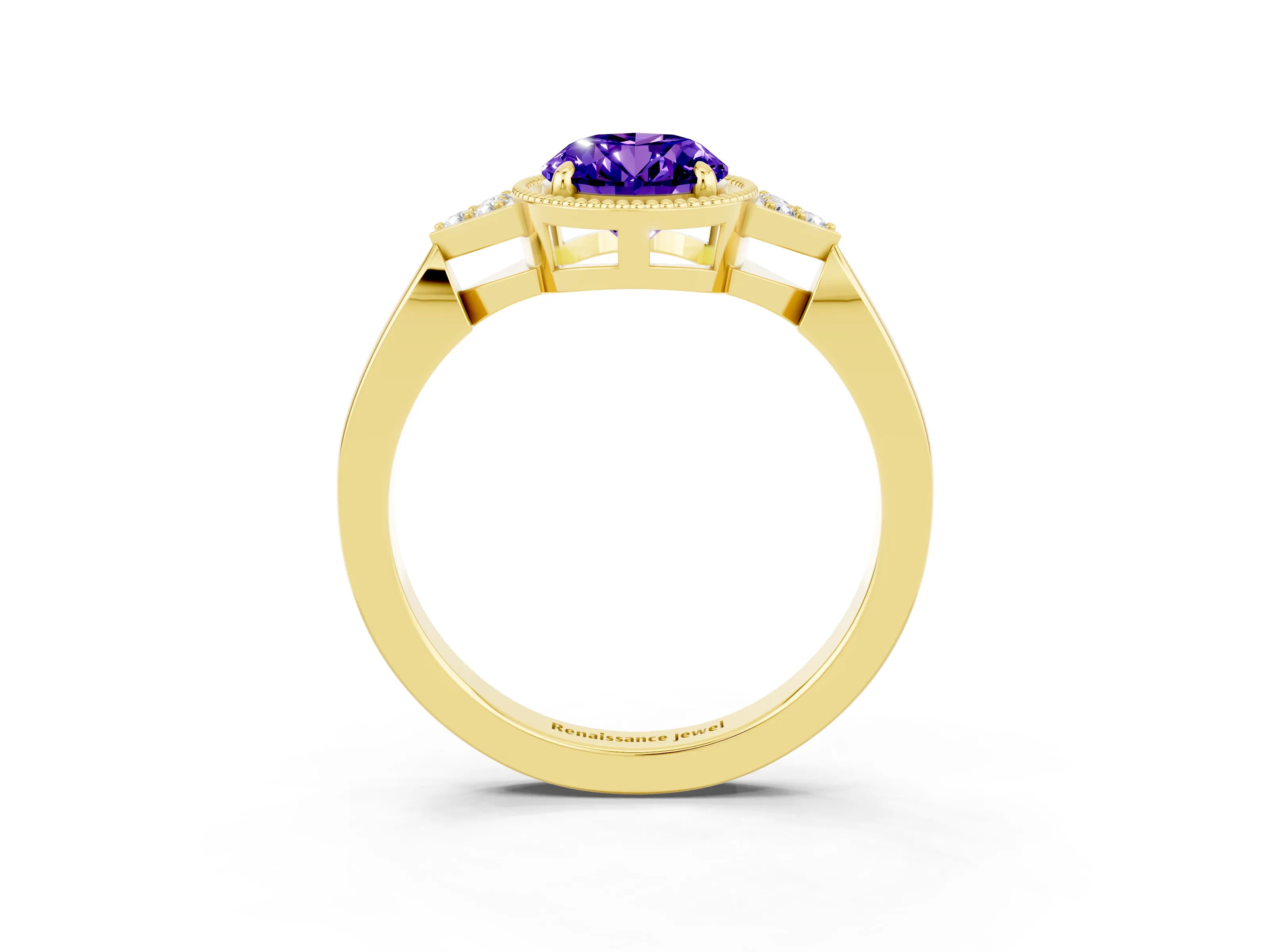 Yellow gold Oval Cut Tanzanite Halo Ring with Tapered Band and Four-Prong Setting_3