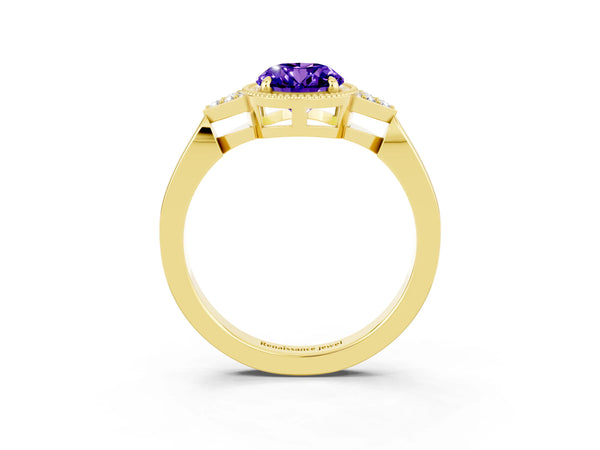 Yellow gold Oval Cut Tanzanite Halo Ring with Tapered Band and Four-Prong Setting