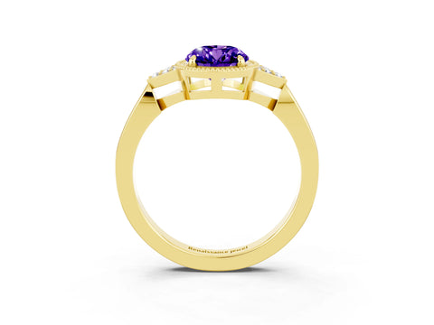 Yellow gold Oval Cut Tanzanite Halo Ring with Tapered Band and Four-Prong Setting_3