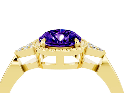 Yellow gold Oval Cut Tanzanite Halo Ring with Tapered Band and Four-Prong Setting_4