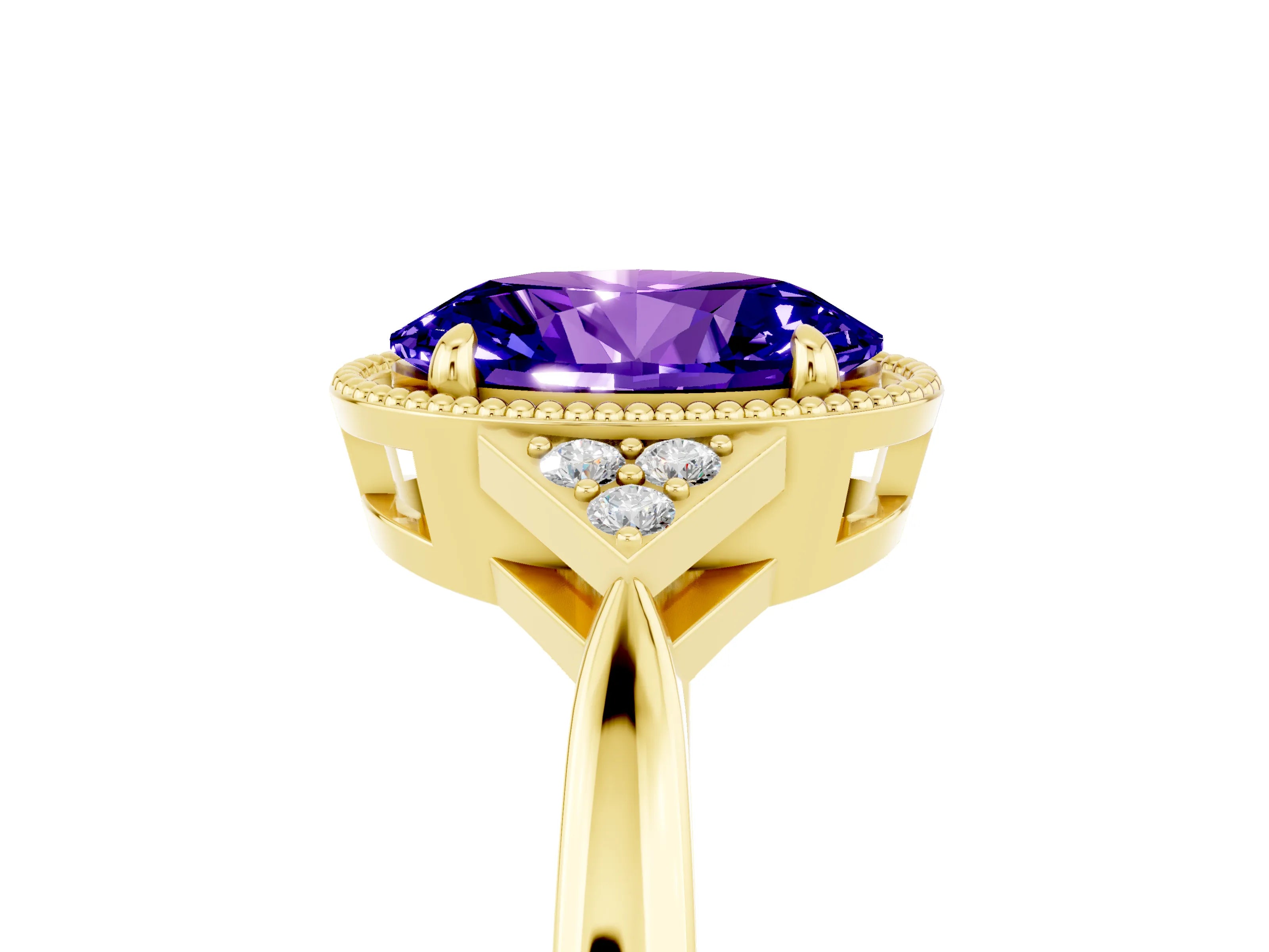 Yellow gold Oval Cut Tanzanite Halo Ring with Tapered Band and Four-Prong Setting_5