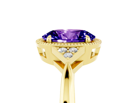 Yellow gold Oval Cut Tanzanite Halo Ring with Tapered Band and Four-Prong Setting_5