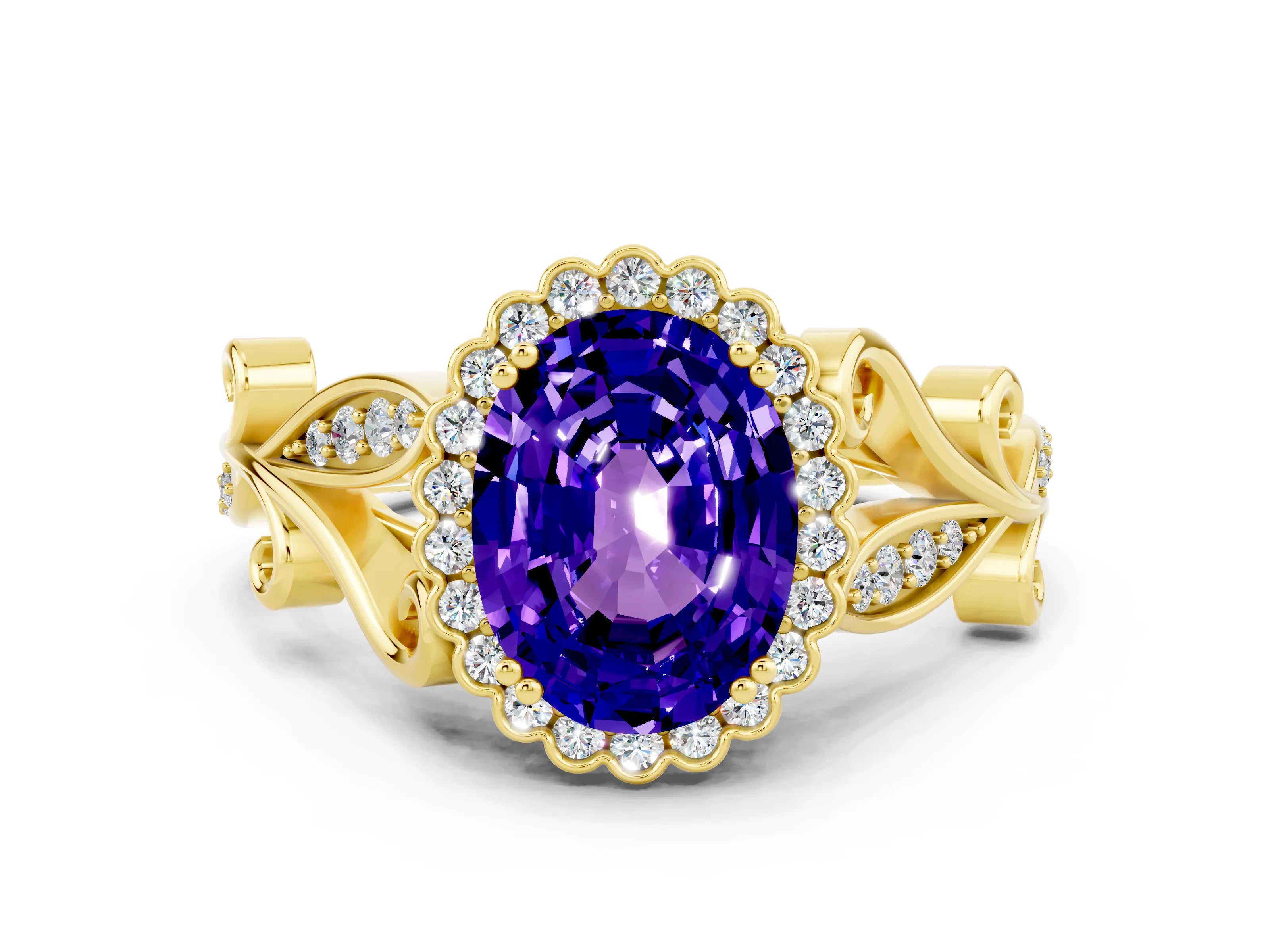 Yellow gold Oval Cut Tanzanite Halo Ring with Vintage Split Shank and Four-Prong Setting