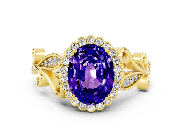 Yellow gold Oval Cut Tanzanite Halo Ring with Vintage Split Shank and Four-Prong Setting